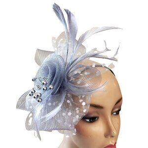Grey Mesh Fascinator Hat with faux mesh flower w/ pearls Feiyu Crafts